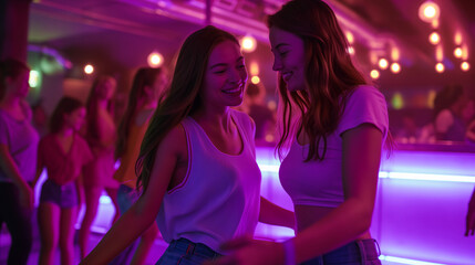 Two young women happily smiling and enjoying themselves, standing side by side inside a nightclub