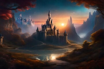 Naklejka premium Craft an enchanting AI-generated scene of showcasing the beauty of Fantasy Art, depicting a captivating Fantasy World with an elegant Castle.