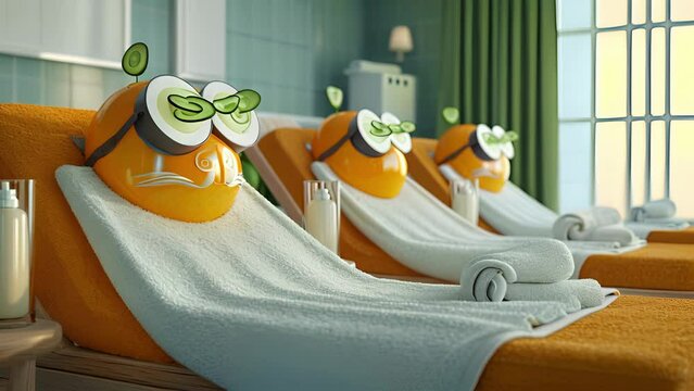 Cartoon animation of towels lounging on reclining chairs one with cucumber slices on its eyes and another with a tiny towel on its head imitating a spa guest.