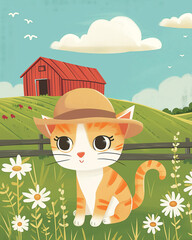 Cute drawn kitten with a hat sitting in a field near a farm. Cute and simple book illustration.
