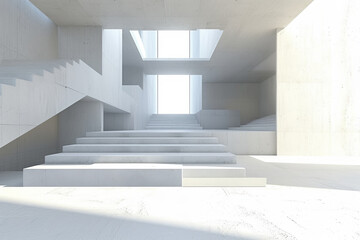 Fototapeta premium Abstract white and concrete interior multilevel public space with window. 