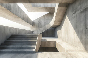 Abstract concrete interior multilevel public space with window. 