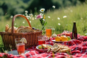 Wicker basket with fruits, cheese, food and drinks on a light blanket on a green lawn park in the sun. Concept of summer vacation with family in nature