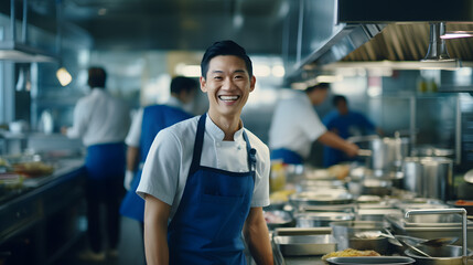  a young handsome asian Chef with blue uniform