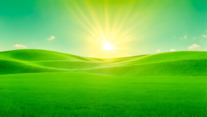 Beautiful panoramic natural landscape of a green field with grass against a blue sky with sun. Background of a summer landscape with a green grass field and blue sky