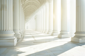 Fototapeta na wymiar The sunlight shines through columns in a long and white corridor 