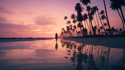 Silhouette of a beautiful woman walking in a dreamy seascape with palms at sunset, mental health, emotional balance, calm, relaxing, wallpaper, background
