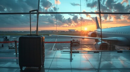 travel suitcases in an airport with airplanes in the background at sunset