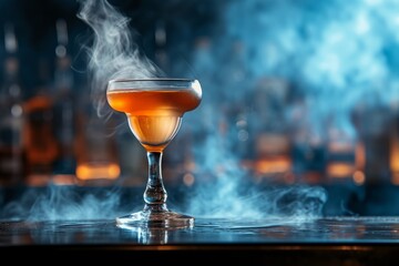 Classic Cocktail Set On Bar Stands Out Against Smoky Background - obrazy, fototapety, plakaty