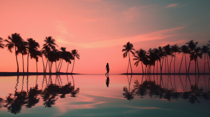 Silhouette of a beautiful woman walking in a dreamy seascape with palms at sunset, mental health, emotional balance, calm, relaxing, wallpaper, background
