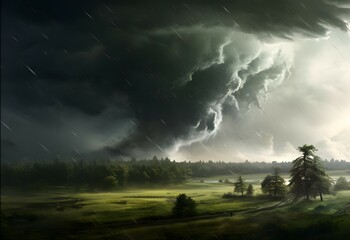 Naklejka na ściany i meble clouds over the forest, tornado, weather - ai generated