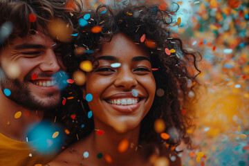 Dark skin happy smiling woman and Caucasian man with smile enjoying having fun during a carnival party while confetti falling. Celebration concept