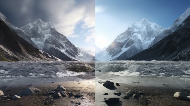 A collage of two photos showing the problem of Climate Change, warming, and ecology. A beautiful Arctic landscape with high mountains, a river with melting ice and snow.