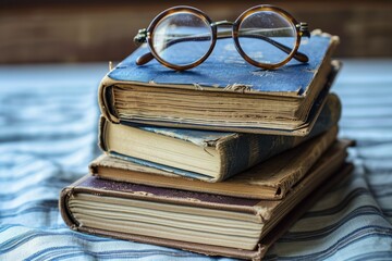 Stack Of Old Books Sits With Pair Of Round Glasses On Top