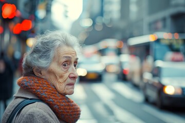 Older Woman Anxiously Confronts The Hustle And Bustle Of Urban Traffic. Сoncept Urban Traffic Chaos, Anxious Older Woman, Confronting City Commotion