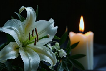 Elegant Lily And Flickering Candle On Dark Backdrop, Suitable For Mournful Occasions