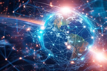 Fototapeta premium Global Connectivity Depicted By Intersecting Lines Surrounding Globe In This Stock Photo. Сoncept Global Connectivity, Intersecting Lines, Globe, Stock Photo