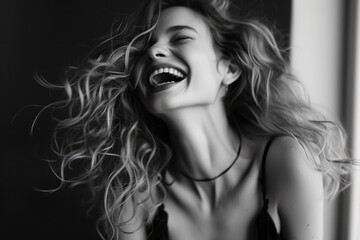In Candid Moment Of Laughter, Supermodel Is Captured Offguard. Сoncept Fashion Editorial, Dramatic Lighting, Runway Ready, High Fashion Haute Couture