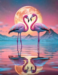 two flamingos in the water, moon behind