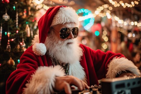 Santa Claus In Cool Shades Spinning Tunes At Festive New Years Bash. Сoncept Festive New Year's Bash, Santa Claus Dj, Cool Shades, Spinning Tunes, Celebratory Atmosphere