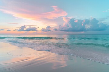 Soft Pastel Colors Paint Empty Beach At Sunrise. Сoncept Beach Sunrise, Soft Pastel Colors, Empty Beach, Sunrise Photography, Beach Paintings
