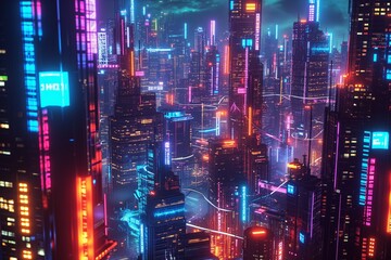 Spectacular Cyber City At Night With Vibrant Neon Lights And Futuristic Technology