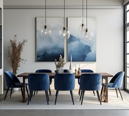 modern dining room interior with blue chairs and painting pictures on the wall
