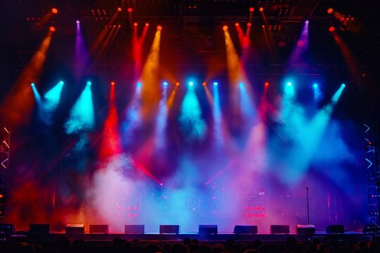 Vibrant Concert Stage Illuminated By Colorful Lights And Engulfed In Smoky Atmosphere. Сoncept Dynamic Dance Performances, Captivating Acrobatics, Energetic Live Music, Crowd Interaction
