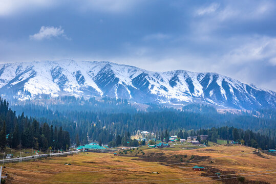 View of Gulmarg hill station in Kasmir valley which is a popular tourist destination among adventure seeker and nature lovers for skiing and highest gondola ropeway in Himalayas of Srinagar, India.