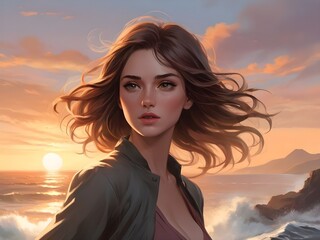 Painting woman standing on windy coast at sunset. Generative AI