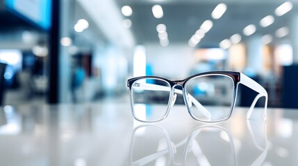 Stylish framed eyeglasses with clear lenses showcased on a reflective surface against a blurred blue store interior.