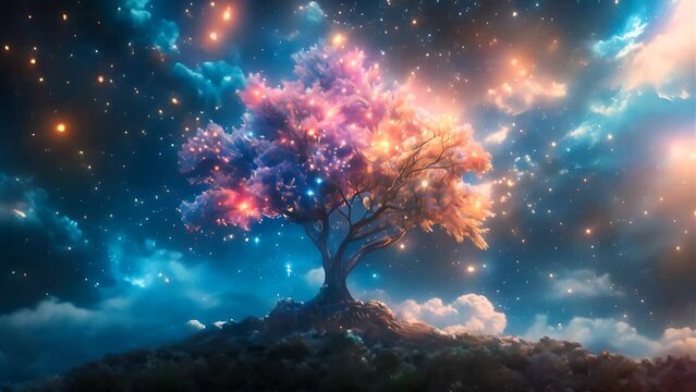 Surreal cosmic life tree with cosmic lights around