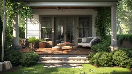 sitting place out of house , sofa table placed outside , exterior of modern craftsman house