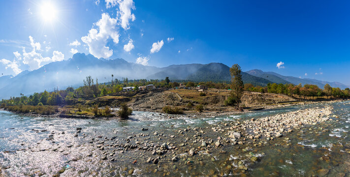 Serene Landscape of Sindh river valley near Sonamarg village in Ganderbal district of Jammu and Kashmir, India. It is a popular tourist destination for trekking and Amarnath holy pilgrimage.
