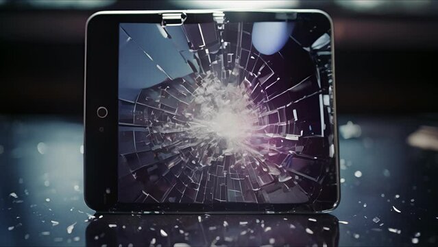 Closeup of a shattered and cracked tablet screen with a cyberbullying logo and the words enough is enough, demanding action and accountability against online harassment.