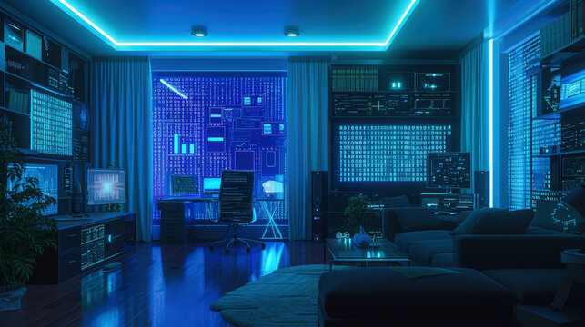 Depicts a home or office setting, showcasing screens and digital interfaces with binary code locks, highlighting the omnipresence of digital security.