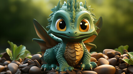 Happy smiling green baby dragon hatchling on a rock surrounded by foliage.
