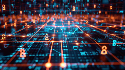 Illustrating network security, this image features a network grid overlaid with binary code and digital locks, symbolizing robust secure connections. - obrazy, fototapety, plakaty