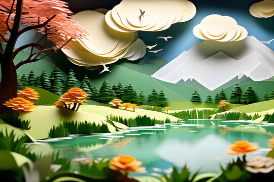 3D Papercut art of nature scene Papercraft snowy mountain river forest skyview landscape background