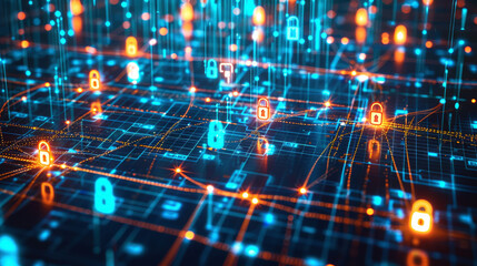 This artwork captures the essence of digital security, portraying an encrypted network grid with binary code, representing advanced cyber protection.