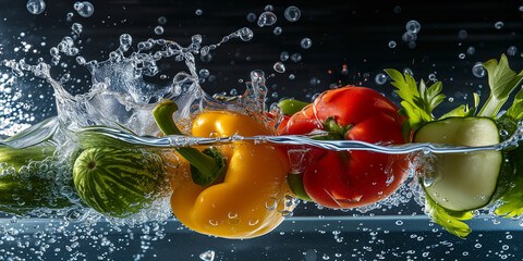 Vegetables splashing into clear water