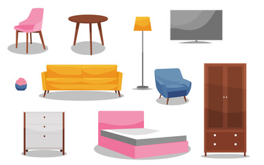 Fototapeta premium Furniture vector illustration set. Designer items for home apartment or office interior decor isolated on white.