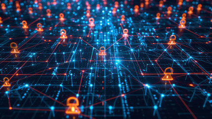 This visual captures the essence of secure network connections, featuring a detailed grid with binary code and digital lock symbols for online safety.