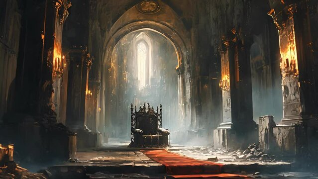 A lone throne sits at the center of a dilapidated throne room, a symbol of the castles once powerful ruler now long gone. Fantasy animation
