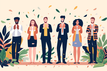 Illustration image capturing the moment of employee recognition with colleagues applauding and celebrating, Focus on the joy and appreciation in their expressions, Business team clapping together