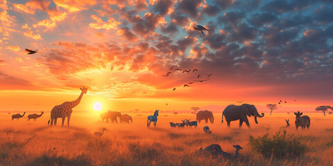 Wildlife in Africa at sunset - obrazy, fototapety, plakaty