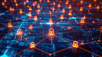 Cybersecurity, featuring a digital network map enhanced with encryption and binary locks, symbolizing robust data protection. - obrazy, fototapety, plakaty