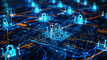 Internet security, combines a network grid with binary code and digital locks, highlighting the importance of secure network connections. - obrazy, fototapety, plakaty