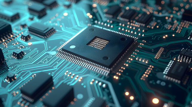 Close-up view of a green electronic circuit board showcasing computer components such as microchips, resistors, capacitors, and processors