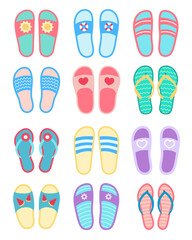Flat design of summer flip-flops. A set of summer slippers. Vector illustration of open shoes